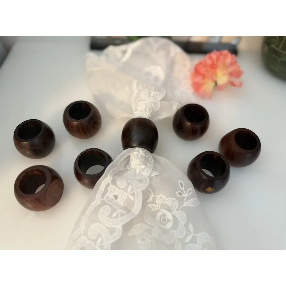 Vintage Lot of 8 Hand Made Brown Wooden Napkin‎ Rings Flat End Boho Decor 2 In